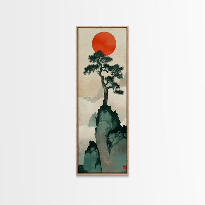 bonsai tree poster Bonsai Tree Mountain Red Sun Japanese Tall Wall Art Skinny Framed Canv