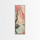 Serene Weeping Cherry Tree with Gentle Reflections in Water - Skinny Art, Japanese Wall Decor, Framed Canvas Print, Ukiyo-e Style