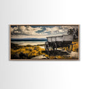 Seaside Wagon, coastal decor, nautical wall art, Maine oil painting, rustic wall art, landscape painting, extra wide art, framed canvas print