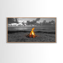 Campfire on Beach Framed Canvas Print | Seascape Painting | Coastal Wall Art | Moody Art | Rustic Decor | Extra Wide Art | Nautical Painting