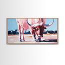 Texas Longhorn, rustic decor, bull and bear art, southwest wall art, pink orange wall art, extra wide art, framed canvas print