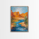 Desert Oasis, vivid landscape, blue water, rustic nature art, warm tones, panoramic painting, framed canvas print, southwest wall art
