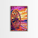 Sunset Wagon Wheel, Bold Color Painting, Southwest Wall Art, Framed Canvas Print, Rustic Decor, Western Aesthetic, Extra Wide Art, Gift Idea