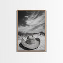 Straw Hat, coastal cowgirl wall art, wabi sabi art, beach photography, western decor, rustic art, framed canvas print, minimalist art
