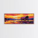 Wagon at Sunset, pink orange wall art, rustic decor, mountain painting, panoramic art, extra wide art, Framed Canvas Print, gift idea
