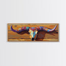 Painted Skull, bull and bear art, rustic decor, extra wide art, southwest wall art, pink orange wall art, framed canvas print