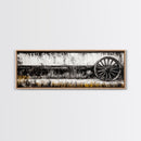 Wagon Wheel, barn landscape oil painting, black and white art, rustic decor, farmhouse art, extra wide art, Framed Canvas Print, moody art