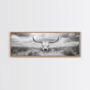 Longhorn Skull, skull art, western wall art, rustic decor, moody art, desert painting, farmhouse art, panoramic art, framed canvas print