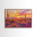 Desert Cactus Sunset Painting Framed Canvas Print, Western Decor, Southwest Wall Art, Arizona Painting, Landscape Painting, Farmhouse Decor