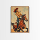 Dynamic Cowgirl on Horseback in Action | Framed Canvas Print | Western Wall Art | Living Room Decor | Rustic Home Decor
