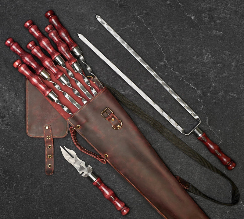 “Hunting Quiver" Camping Accessories BBQ Skewers Set  in a Leather Case, 9 items