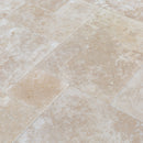 Denizli Beige Antique Pattern Travertine Tile - Full Truckload brushed and eased edge angle closeup view