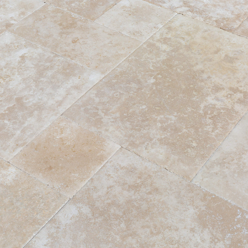 Denizli Beige Antique Pattern Travertine Tile - Full Truckload brushed and eased edge angle closeup view