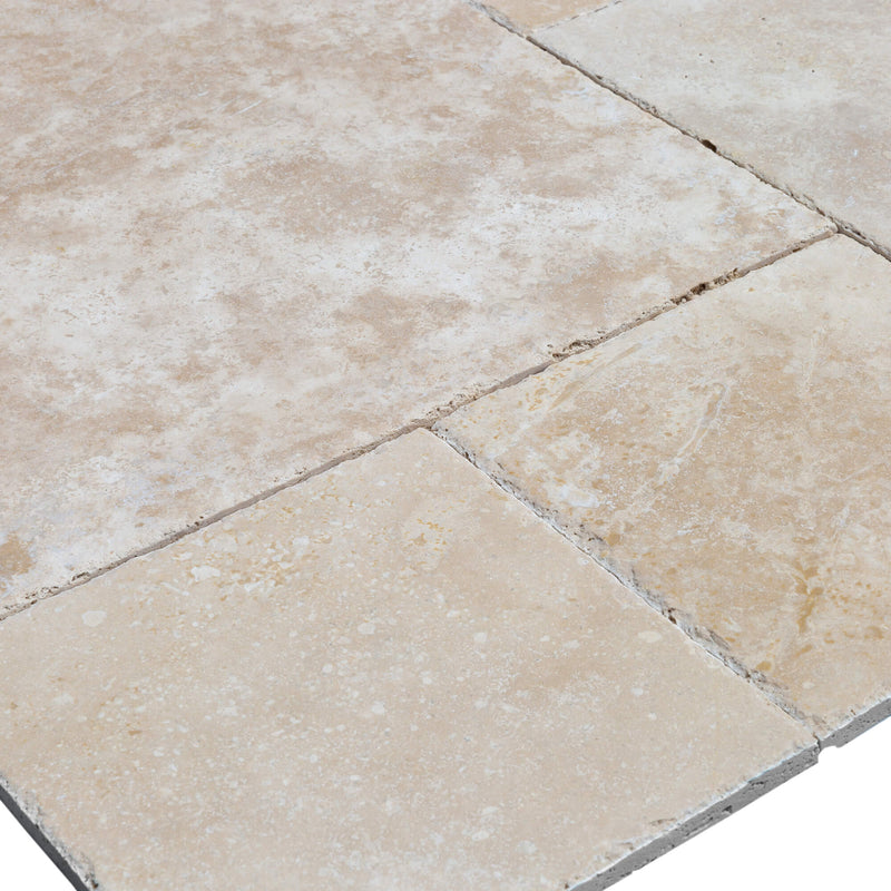Denizli Beige Antique Pattern Travertine Tile - Full Truckload brushed and chiseled closeup view