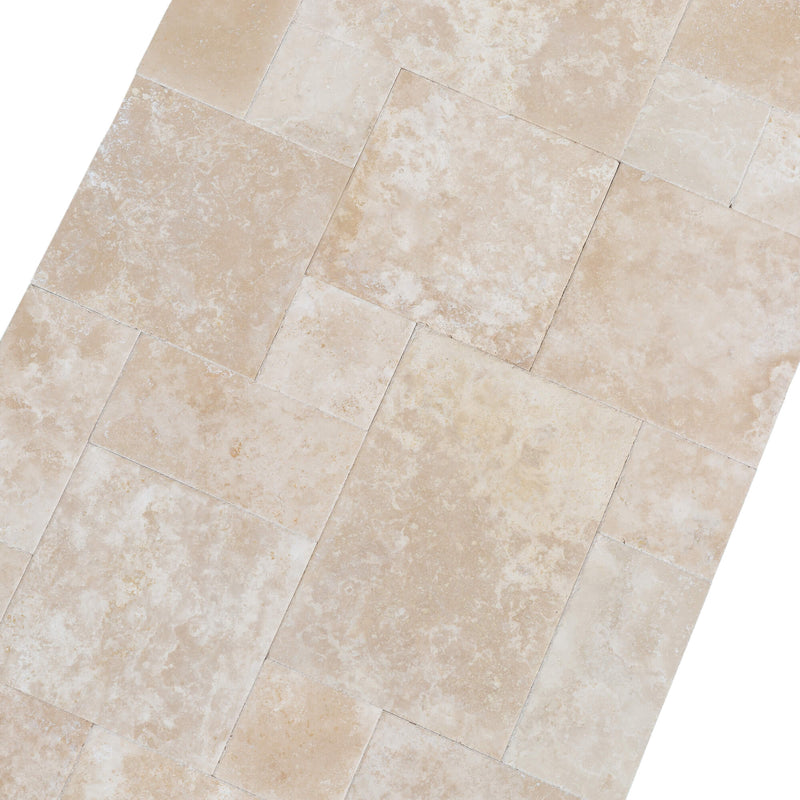 Denizli Beige Antique Pattern Travertine Tile - Full Truckload brushed and chiseled angle view