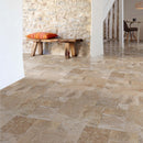 Mina Rustic Antique Pattern Brushed, Chiseled, and Partially Filled - Full Truckload installed indoors wooden bench and orange pillow on the top