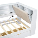 Wooden Twin Size L-shaped Daybed Corner Bed Under-bed Drawers  with Storage Bookcase and Upholstered Headboard and USB Charging Ports for Limited Space,White