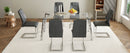 Table and chair set.71 * 35.4 inch rectangular dining table.Tempered Glass Tabletop,Silver 7-shaped Metal Table Legs.Paried With 6 Dark Gray High-quality PU Chairs With Arched Metal Legs.