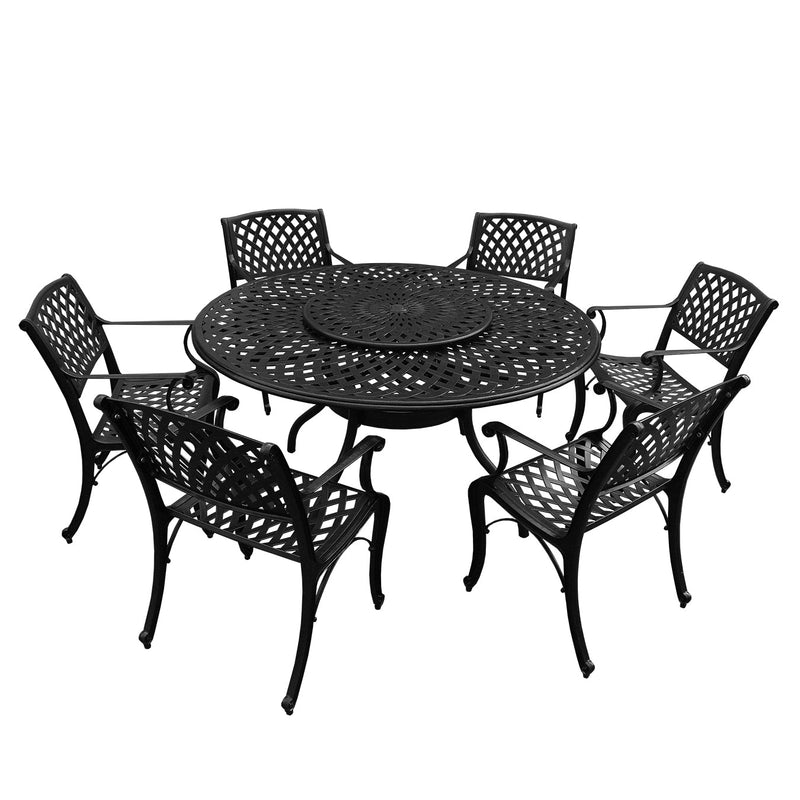 Outdoor Aluminum 7pc Round Patio Dining Set with Lazy Susan, Six Chairs