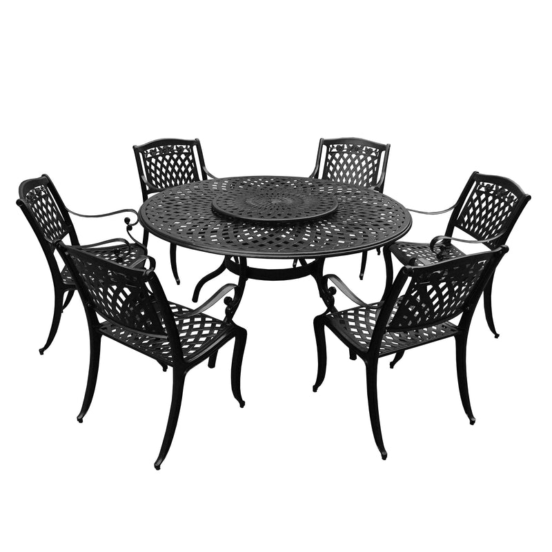 Outdoor Aluminum 7pc Round Patio Dining Set, Lazy Susan, Six Chairs