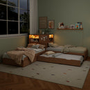 L-Shaped Combination Twin Bed with Trundle and Drawer,3-in-1 Low Corner Platform Bed Linked with Built-in Desk and Led Downlight, Natural