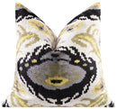 Handmade Velvet Throw Pillow - 20x20 Inches, Naturally Vegetable-Dyed, Premium Down Feather Insert - Black, Gold, and Gray Ikat Pattern, Luxury Home Decor Accent