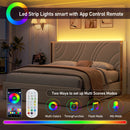 Modern Upholstered LED Bed Frame with Storage Drawers, Velvet Platform Bed, Wingback Headboard, RGB Light, Beige
