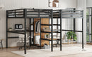Twin Over Twin Metal Loft Bed with Double Desk and Wardrobe and Shelves with Electrical Outlet for Space Saving and Noise Reduction, woodgrain