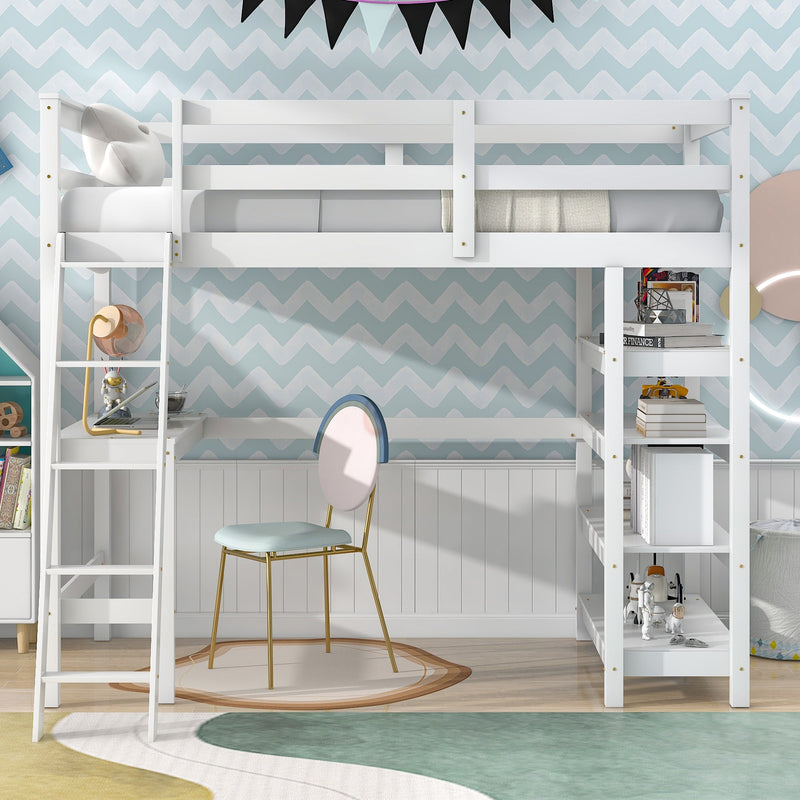 Twin Loft Bed with desk, ladder, shelves, White