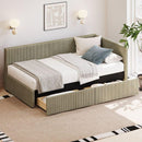 Twin Size L Shape Corner Bed, Corduroy Upholstered Daybed with Two Storage Drawers and Vertical Striped Design, Green