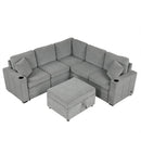 Multi-Functional Sectional Sofa Convertible Pull-out Bed with Storage Ottoman, USB Ports, Cup Holders, Chenille, Gray, 84.7'