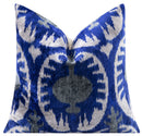 Handmade Velvet Throw Pillow - 16x16 Inches, Naturally Vegetable-Dyed, Premium Down Feather Insert - Blue and Gray Ikat Pattern, Luxury Home Decor Accent