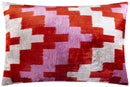 Handmade Velvet Throw Pillow - 16x24 Inches, Naturally Vegetable-Dyed, Premium Down Feather Insert - Red, Pink, and Beige Abstract Geometric Design, Luxury Home Decor Accent