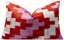 Handmade Velvet Throw Pillow - 16x24 Inches, Naturally Vegetable-Dyed, Premium Down Feather Insert - Red, Pink, and Beige Abstract Geometric Design, Luxury Home Decor Accent