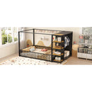 Full Size Floor Bed Frame with Wardrobe, Metal floor Bed with Storage Shelves, Black