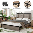Bed frame full size, wooden platform bed frame with storage LED light headboard and 2 USB, no noise, no spring mattress required and simple assembly tools, large underbed storage, brown