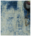 Modern Abstract Design Beige And Blue 9x12 Hand Knotted Bamboo Silk Area Rug