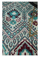 5x8 Hand Knotted Ivory, Blue and Red Antique Contemporary Bamboo Silk Area Rug