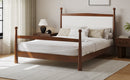 Mid-Century Modern King Size Solid Pine Wood Platform Bed with Upholstered Headboard in Boucle, No Box Spring Needed, Brown
