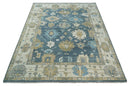 10x14 Antique Style Hand Knotted Blue, Ivory and Beige Traditional Vintage Oushak Wool Rug | TRDCP15721014