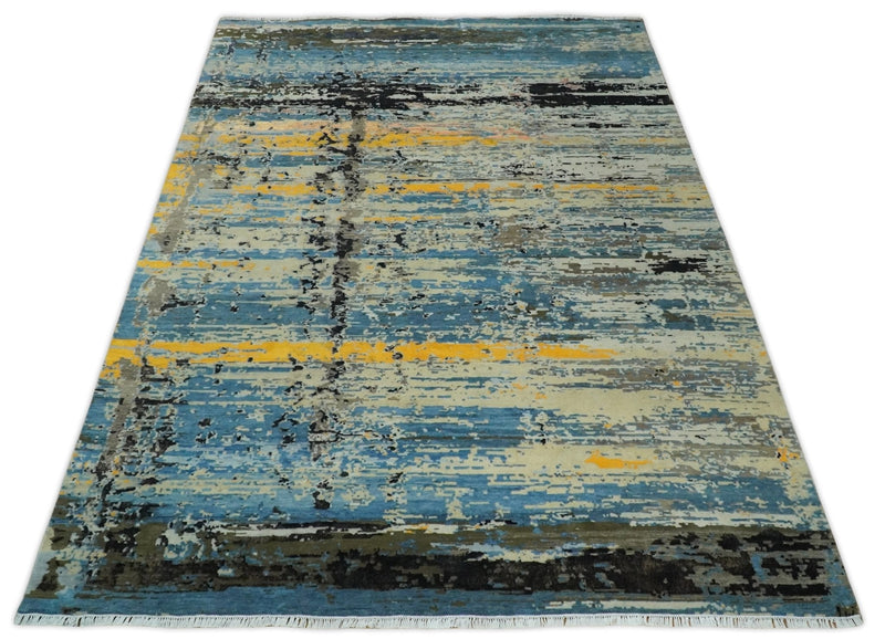 10x14 Fine Hand Knotted Blue and Black Modern Abstract Style Antique Wool and Silk Area Rug | AGR49