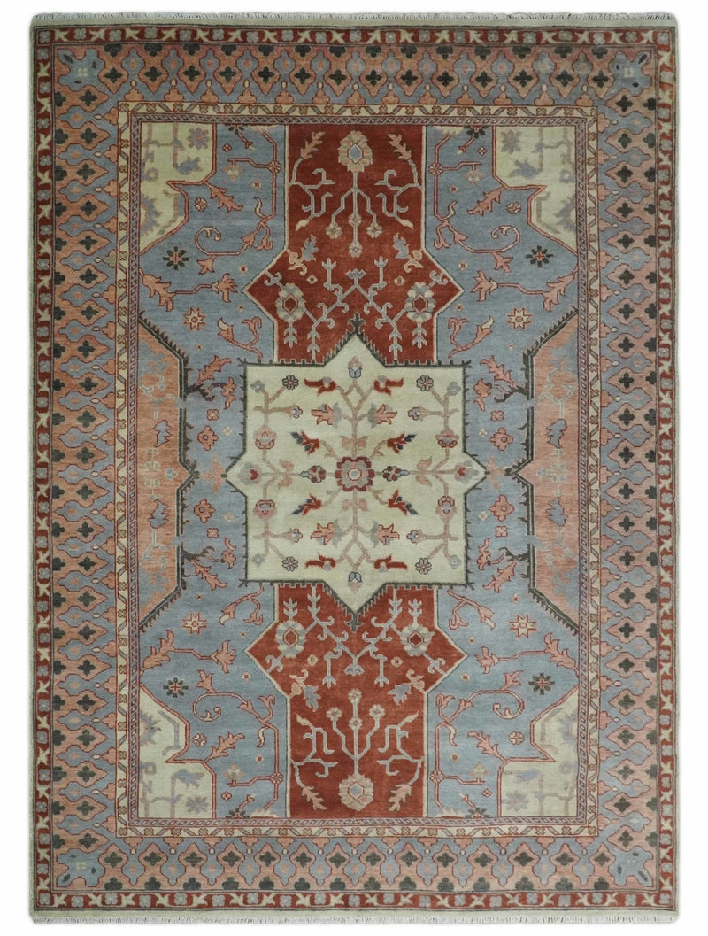 10x14 Hand Knotted Heriz Serapi Ivory, Rust, Gray and Peach Floral Area Rug