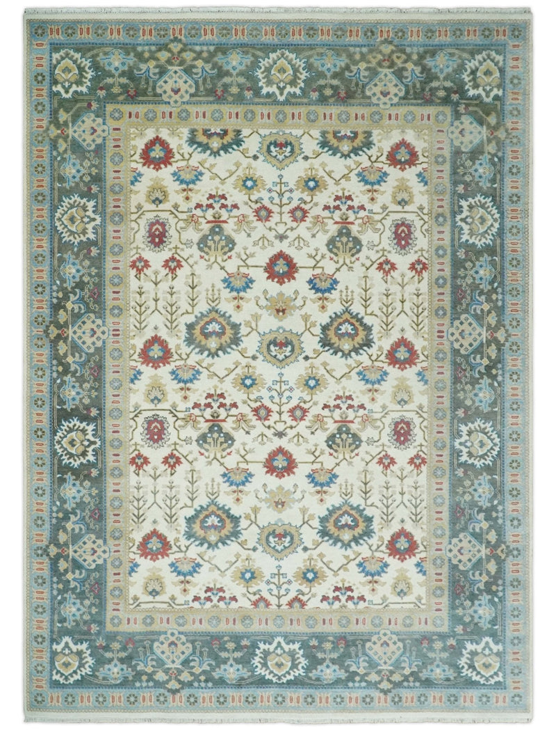 10x14 Hand Knotted Ivory, Camel and Teal Persian Oushak Wool Area Rug | TRDCP8941014