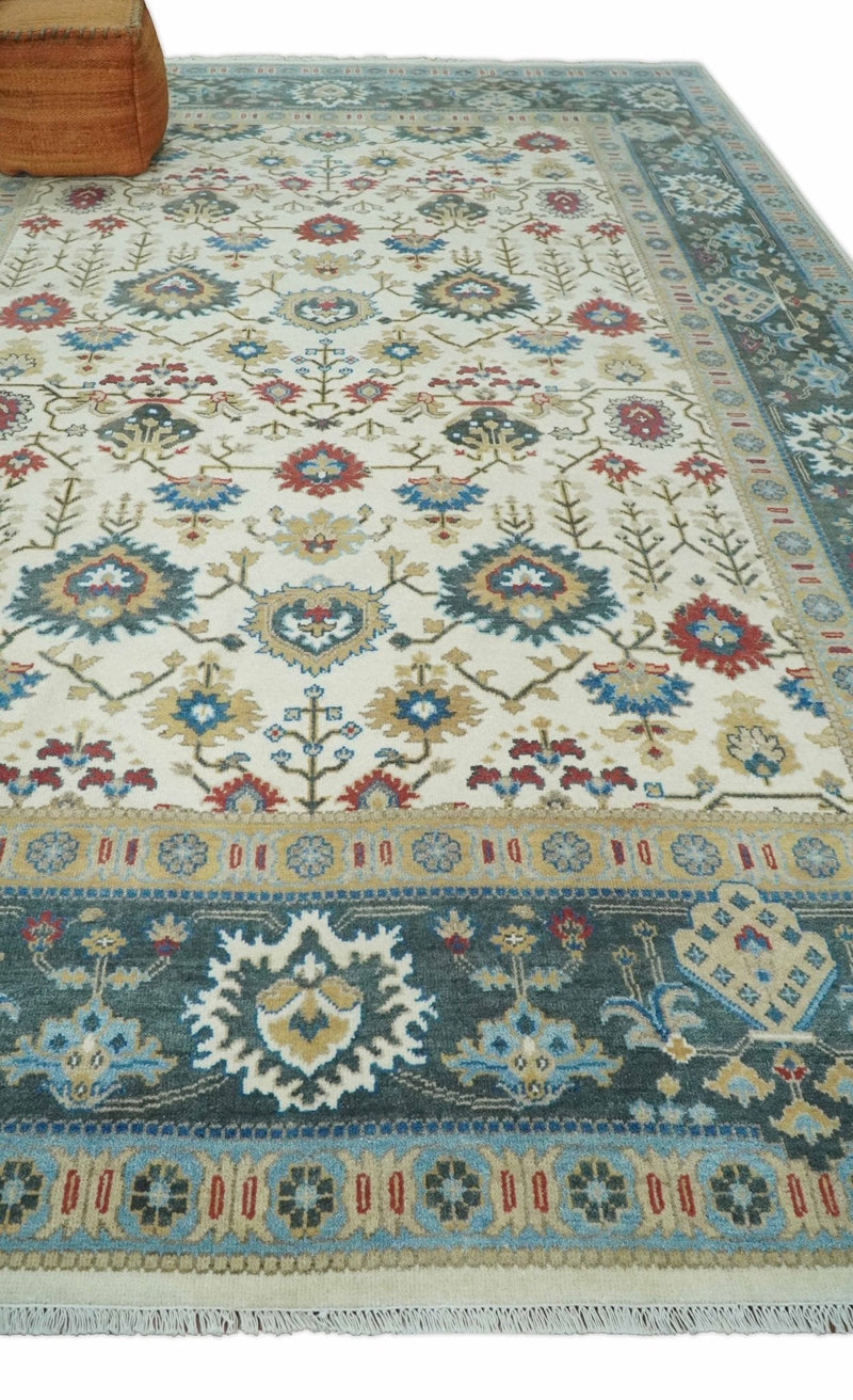 10x14 Hand Knotted Ivory, Camel and Teal Persian Oushak Wool Area Rug | TRDCP8941014