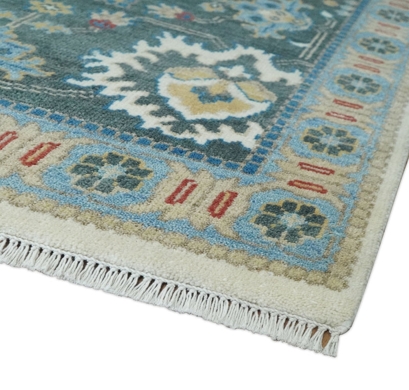 10x14 Hand Knotted Ivory, Camel and Teal Persian Oushak Wool Area Rug | TRDCP8941014