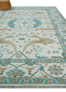 10x14 Ivory and Teal Hand knotted Oriental Oushak Traditional Wool Area Rug