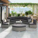 Elegant Patio Furniture Set Outdoor Daybed Rattan Sectional with Cushions and Center Table, Grey, Iron + Rattan