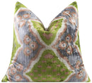 Handmade Velvet Throw Pillow - 20x20 Inches, Naturally Vegetable-Dyed, Premium Down Feather Insert - Green, Gray, and Beige Ikat Pattern, Luxury Home Decor Accent