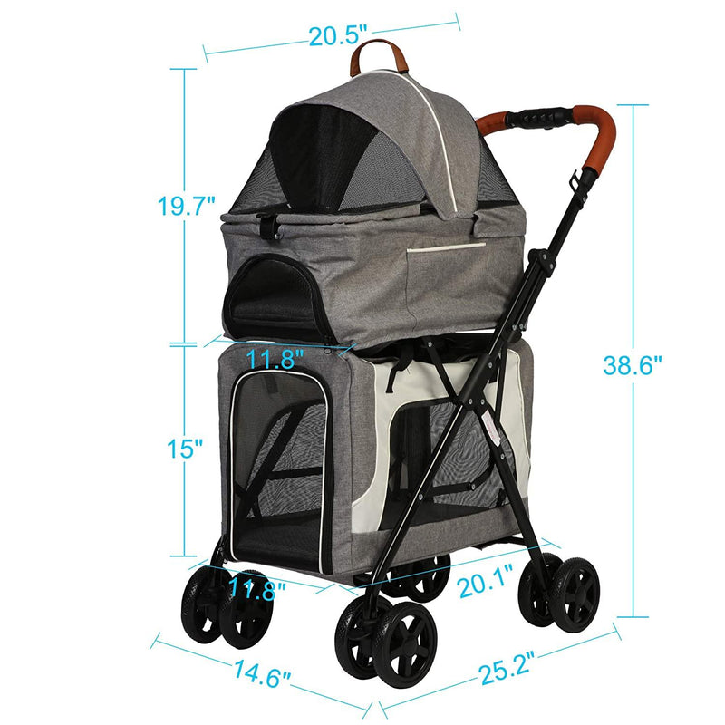 Double Decker Bus Pet Stroller Two Level Cat and Dog Stroller, Gray