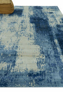 Modern Abstract Design Beige And Blue 9x12 Hand Knotted Bamboo Silk Area Rug